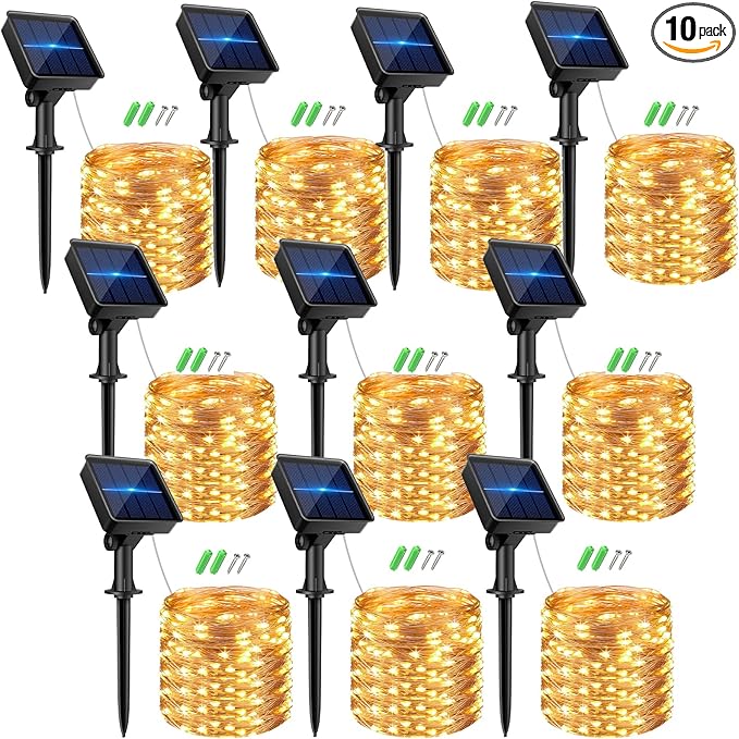 kolpop 10 Packs Solar Fairy Lights Outdoor, 32FT 80LED Solar String Lights Outdoor Waterproof, 8 Modes Copper Wire Solar Twinkle Lights for Garden Christmas Tree Party Wedding Decor(Warm White)