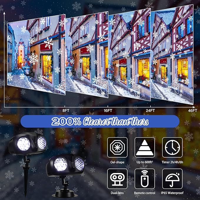 4 Pcs Christmas Snowflake Projector Lights Outdoor Waterproof Highlight Rotating LED Snow Lights with Remote Control for Xmas Holiday Party Garden Landscape Home Decoration