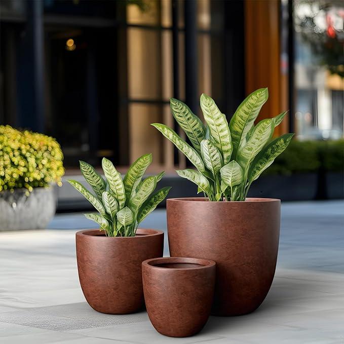 Kante 18",14",10" Dia Concrete Round Planters (Set of 3), Outdoor Indoor Large Planter Pots with Drainage Hole and Rubber Plug for Home Patio Garden, Rusty