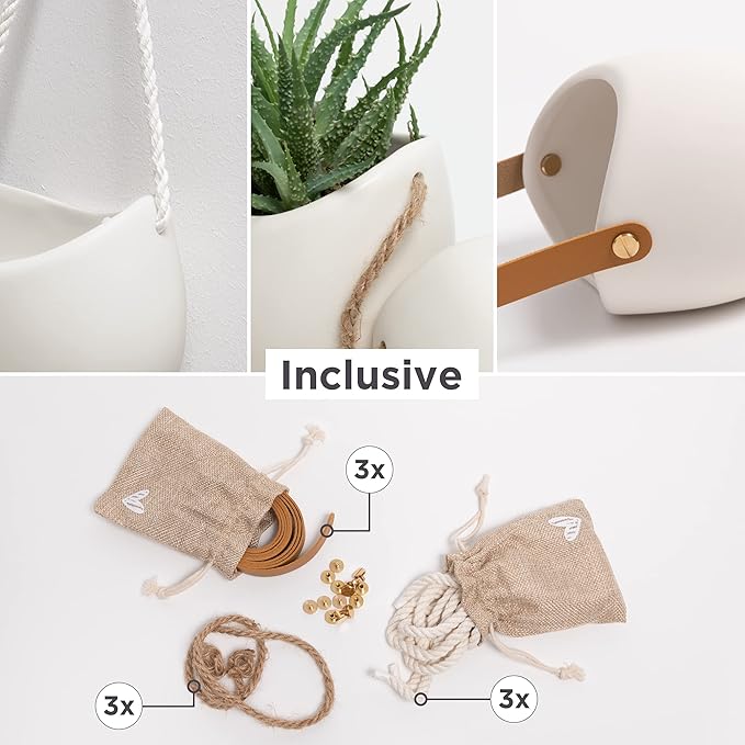 Wall Planters -Ellie- | Hanging Ceramic Plant Pots 3 Pieces | Wall Decoration for Indoors, Balcony and Garden | Cream (Matte)