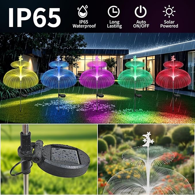 Solar Garden Lights Outdoor Solar Lights 7 Color Changing Jellyfish & Star Waterproof Solar Flower Lights for Garden Decor, Yard, Patio, Lawn, Pool, Party, Wedding, Gifts for Women/Mothers (6 packs)