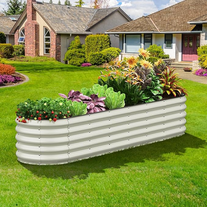 Oval 8x2x1.5 FT Galvanized Raised Garden Bed Kit, 31 in 1 Large Metal Planter Box for Outdoor Gardening, 18” Garden Bed for Vegetables Flower Herb(Pearl White)