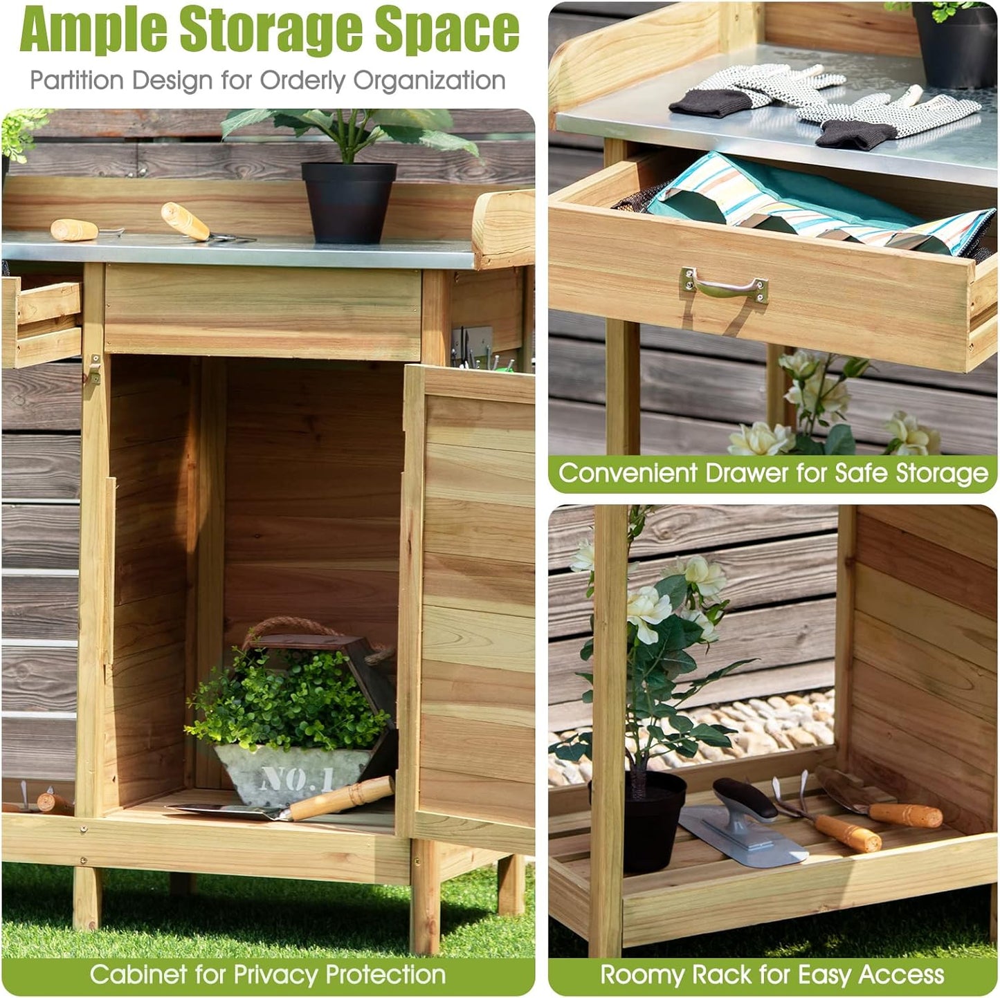 S AFSTAR Outdoor Potting Bench Table, Wooden Garden Work Station with Drawer, Storage Cabinet, Open Shelf, Side Hooks, Metal Tabletop Gardening Workbench, Potting Benches for Outside Backyard Balcony