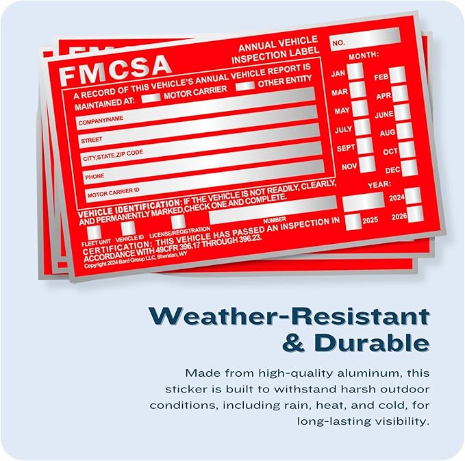 100-Pack DOT Compliant Aluminum Annual Vehicle Inspection Label – Red FMCSA Label with Punch Boxes
