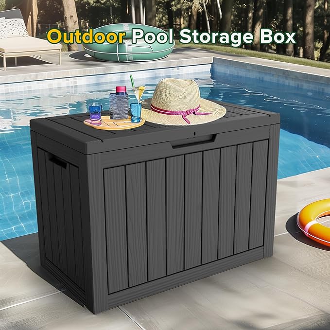 46 Gallon Outdoor Deck Box,Storage Lockable Waterproof Patio Furniture,Garden Tools,Cushions,Pool Accessories Outside Storage Resin Box(Black)
