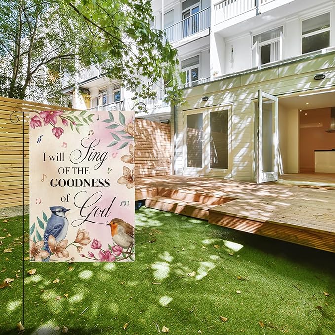 Religion Garden Flag I Will Sing of the Goodness of God Lawn Porch Bible Verse Decor Small Double Sided Burlap art Stained Glass Style Garden Flags 12 x 18 Inch for Outside