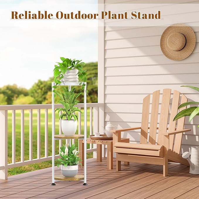 KMOTASUO 3 Tier Tall Plant Stands Indoor, 34 Inch Metal Wood Corner Plant Stand for Indoor Plants, Round Flower Pot Holder Shelf Display Rack for Balcony Garden Patio Living Room(White)