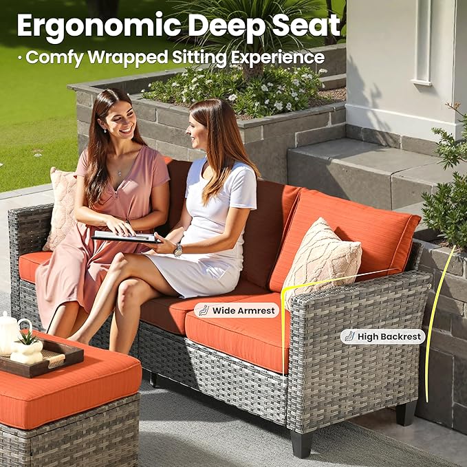 ovios 8 Pieces Patio Furniture Set with 54" Fire Pit Table, Outdoor Wicker Sofa with Comfy Cushions, All Weather High Back Rattan Couch Conversation Set, Orange Red