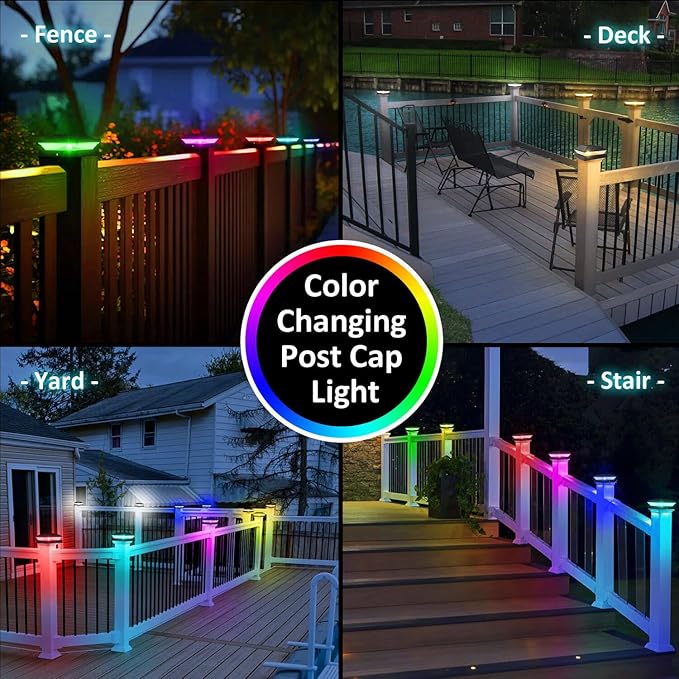 T-SUN Solar Post Cap Lights with Auto-Change Colors- for Wooden (4x4/6x6) & Vinyl (4x4/5x5) Posts | Weatherproof Outdoor Solar Fence Post Lights for Deck, Porch, Garden & Stairs(6-Pack,RGB)