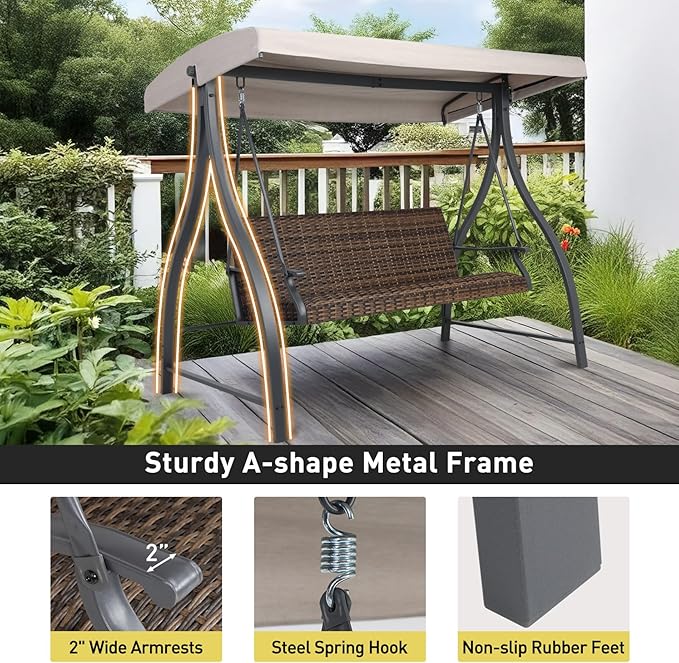 BPS 3 Seat Outdoor Porch Swing with Adjustable Canopy, PE Wicker Patio Swing Chair with Quick-Drying Foam Seat, 882 LBS Capacity, Proch Swings for Deck, Backyard, and Lawn, Khaki