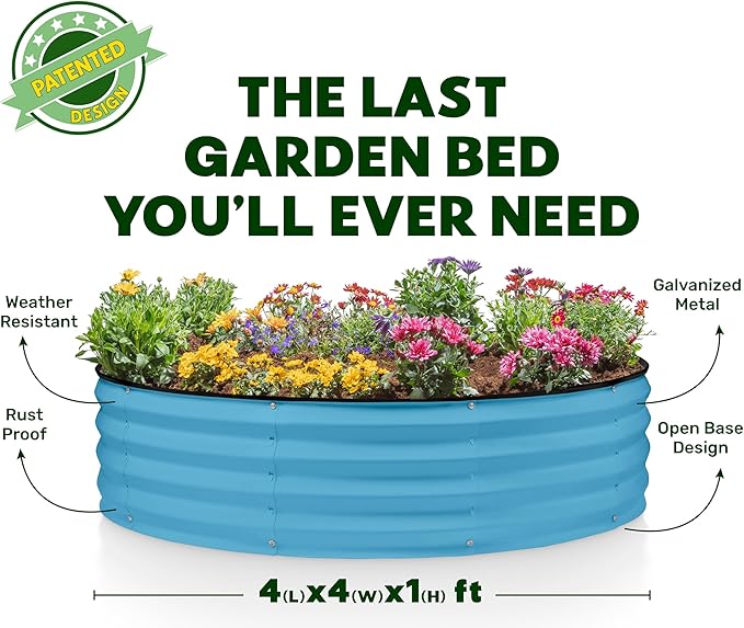 Round Galvanized Raised Garden Bed // 4×4×1 ft (2-Pack) Galvanized Raised Garden Beds Outdoor for Gardening, Vegetables, Flowers // Patented Tool-Free Design Round Planter (Teal)