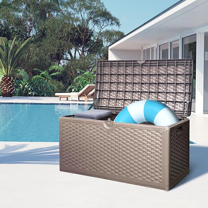 80 Gallon Pro Outdoor Storage Box Waterproof Lockable Resin Deck Box Large, Patio Storage Bin for Pool Accessories Cushion Furniture, Garden Tools, UV-Resistant Outside Delivery Brown