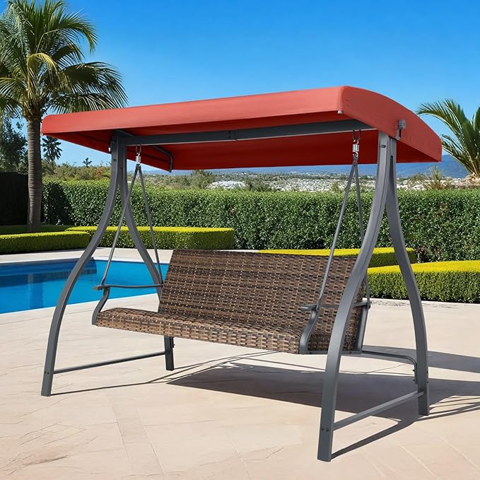 BPS 3 Seat Outdoor Porch Swing with Adjustable Canopy, PE Wicker Patio Swing Chair with Quick-Drying Foam Seat, 882 LBS Capacity, Proch Swings for Deck, Backyard, and Lawn, Red