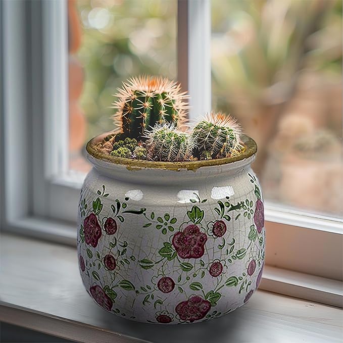 Vintage Red Ceramic Ice Crack Flower Pot with Drainage Holes, Country Rustic Planters for Indoor and Outdoor,Tuscan Decor,Home,Living Room, Garden Decor, Gardening Gift