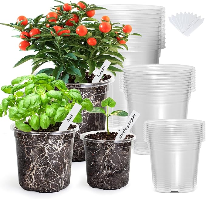 Bonviee Clear Nursery Pots for Plants, 6.7/5/4 Inch Plastic Seedling Pots with Drainage Holes, Planters for Indoor Plants and Transparent Seed Starter Pots with 10 Plant Labels, 30 Pack