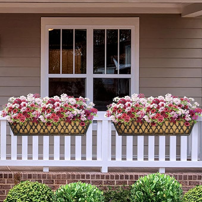 Window Boxes Planters: 2 Pack 30 Inch Railing Planter Box with Adjustable Brackets for Porch Fence Patio Balcony Hanging Flower Baskets with Coco Liners for Outdoor Garden Decor - Bronze