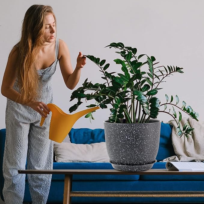 12/10/9 Large Modern Plant Pots, Plastic Planters with Drainage Holes and Saucers for Indoor Outdoor Plants Flowers, Black Speckles