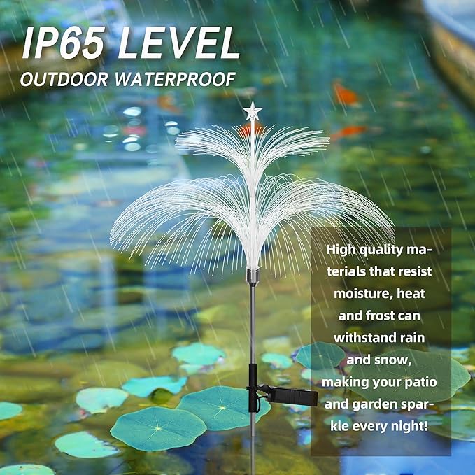 Solar Fiber Optic Double Layer Jellyfish Lights - Star Firework Meteor Shower Ambient Waterproof Path Lights, 7 Color Changes, Sway with The Wind, for Yard Pathway Landscape Decor (4 Pack)