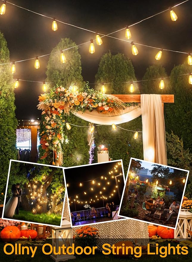 Ollny 50FT Outdoor String Lights, Shatterproof Connectable Patio Lights with 25+2 Spare ST38 Vintage Bulbs, 2200K Warm White Waterproof Outside Hanging Light for Camping Yard Gazebo Porch Balcony