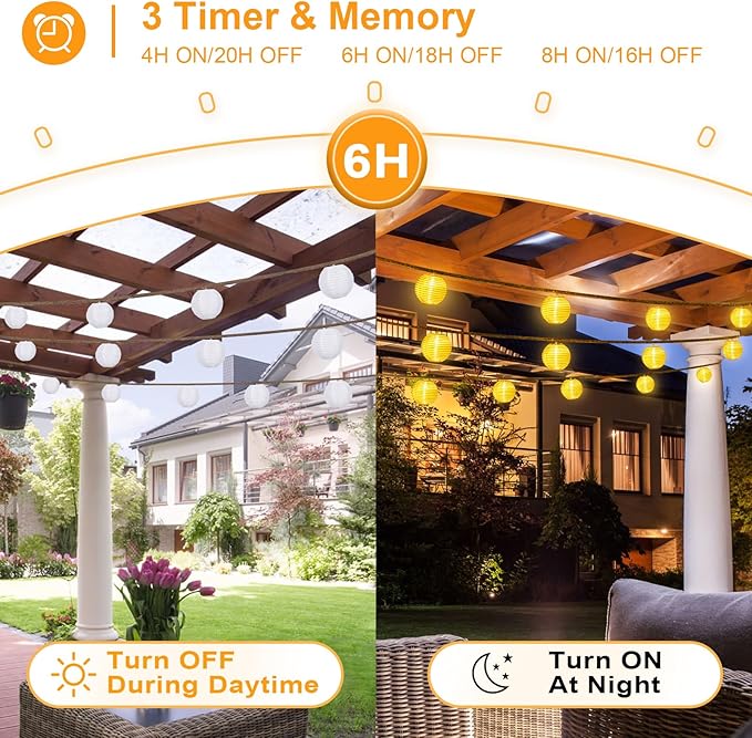 Solar Lantern String Lights Waterproof Outdoor, 40ft 40Led Warm White & Multi-Color Garden Lights Hanging Hemp Rope Nylon Lanterns with Remote, Timer for Yard, Balcony, Fences, Porch, Patio, Party