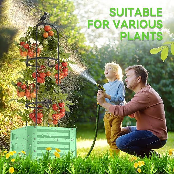 1Pack Raised Garden Beds Outdoor, Galvanized Metal Raised Garden Bed with Trellis, 16x16x60inch Tomato Cage Planters Box with Trellis for Climbing Plants Vegetable Vine Flowers