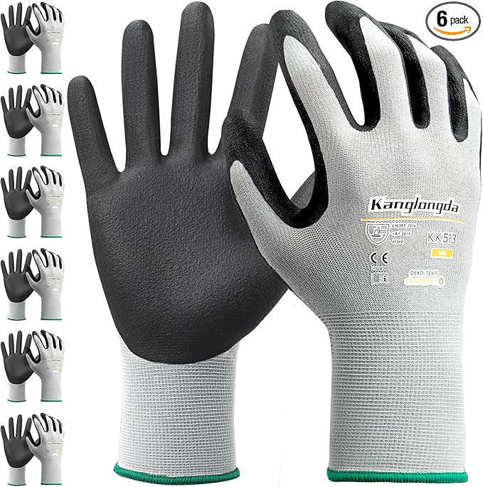 6-Paris Large Work Gloves for Men and Women, Nitrile Coated Safety Protective Gloves with Grip, Ideal for Gardening, Warehouse, Mechanic, Light Duty Construction Work