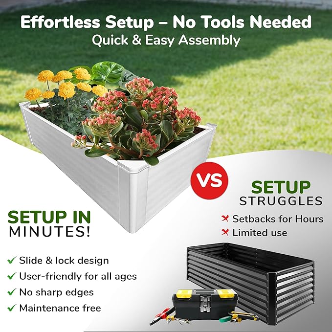 Raised Garden Bed - 2x4 ft Planter Box - White HDPE - No Tools Needed - DIY Kit for Urban Gardening, Flowers, Herbs & Vegetables - Made in The USA