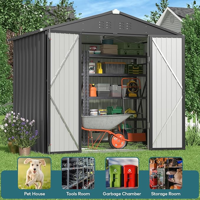 Gizoon Outdoor Storage Shed 8 x 6 FT, Galvanized Metal Garden Shed with Double Lockable Doors, Outdoor Storage Clearance for Backyard Patio Lawn-Dark Grey