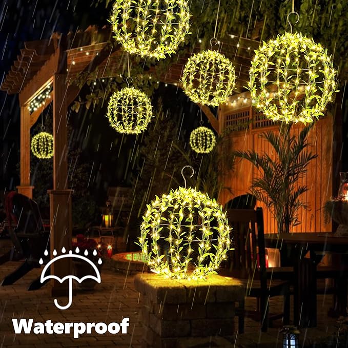 Solar Powered Hanging Iron Sphere Lights with Artificial Greenery – 12Inch 120 LED Waterproof Outdoor Decor Ball Light with Timer & 8 Modes – 2 Pack for Garden, Christmas, Weddings (Warm White)