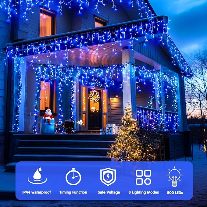 JMEXSUSS 800 LED Blue Icicle Christmas Lights Outdoor, Icicle Lights for Outside with 160 Drops, Blue Christmas String Lights Indoor Outdoor for Party Holiday Christmas Decoration