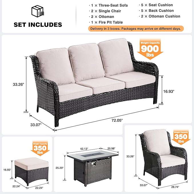 ovios 6 Pieces Patio Furniture Set with 42" Fire Pit Table, Outdoor Wicker Sofa with Ottomans, Comfy Cushions, High Back Couch Conversation Set, Brown Rattan, Beige