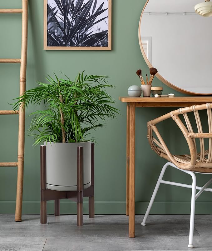 D'vine Dev Ceramic Planter with Walnut Color Stand - 8 Inch Modern Round Flower Pot with Wood Planter Holder, Grey, 55-B-Y-3