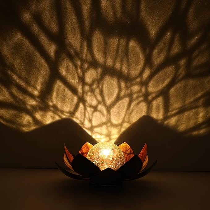 Outdoor Solar Lights, Garden Decor, Crackle Glass Globe, Waterproof Metal Lotus Flower Light for Patio, Lawn, Walkway, Tabletop, Ground