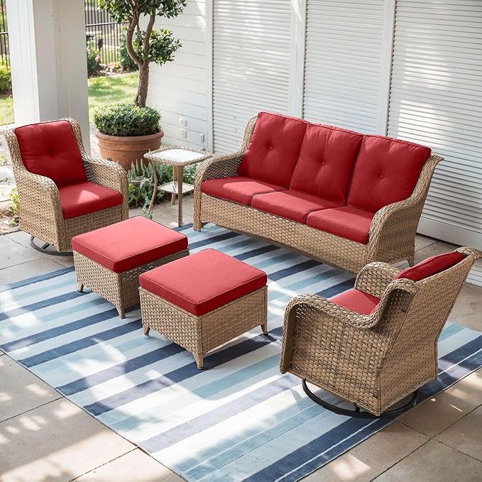 Outdoor Wicker Patio Furniture Set - 6 Piece Rattan Patio Conversation Set with 2 Rocking Swivel Chairs,2 Ottomans,1 Sofa and 1 Side Table for Porch Deck Backyard Garden(Yellow/Red)