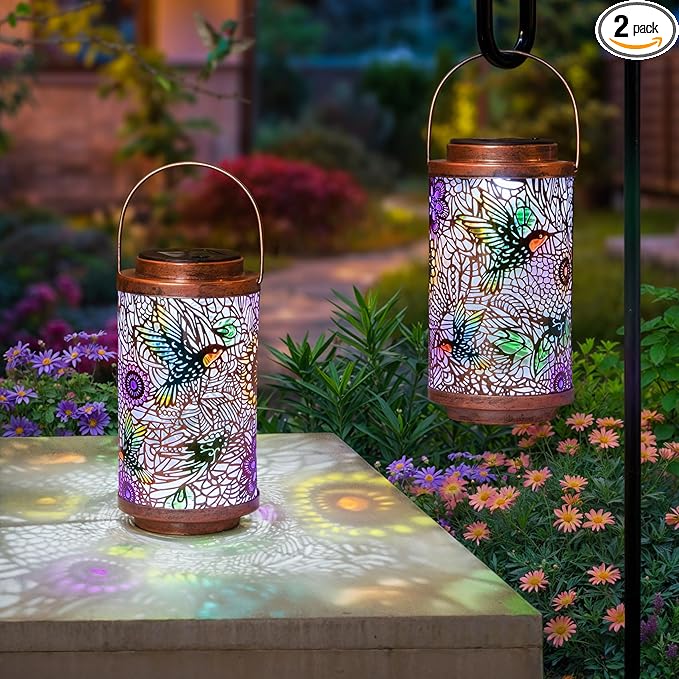 2Pack Solar Lanterns Outdoor Waterproof Hummingbird Gardening Gifts for Women, Multicolor Solar Lights Patio Lantern for Backyard Garden Decor, Porch, Outside, Mothers' Day Gifts for Mom Grandma