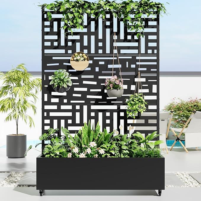 Casaphoria Metal Raised Garden Bed with Trellis and Wheels, 72"x47"x16" Planter Box for Climbing Plants, Vegetables & Vines, Features Drainage Holes and Privacy Screen, Black(Helen&Gerald)