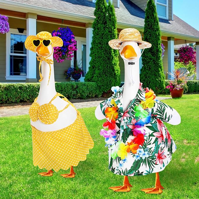 2 Set Hawaiian Luau Porch Goose Outfit for Lawn 23'' Plastic Goose Clothes Costume Summer Outdoor Decor(Bikini)