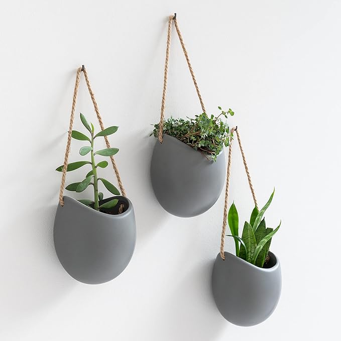 Wall Planters -Ellie- | Hanging Ceramic Plant Pots 3 Pieces | Wall Decoration for Indoors, Balcony and Garden | Grey (Matte)