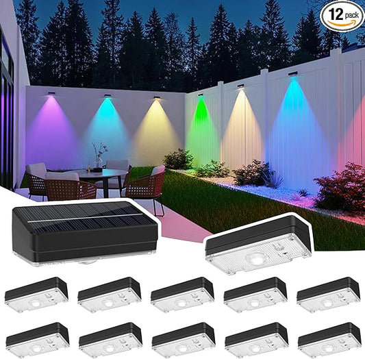Solar Fence Lights,Fence Lights Solar Powered Waterproof IP65 Multicolor Led 12 Fixed Colors ＆RGB Color Changing for Pool, Deck, Patio, Porch, Stairs, Holiday (12)