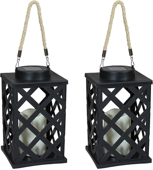 Sunnydaze Modern Crosshatch 9-Inch Solar LED Decorative Candle Lantern - Tabletop/Hanging Light - Set of 2 - Black