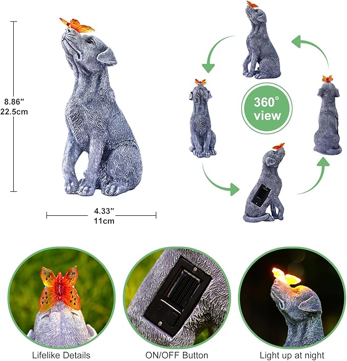 Solar Garden Statue Dog Figurine – Outdoor Decoration with Butterfly for Garden Yard Lawn Home Decor Outside : Unique Gifts for Mom Grandma