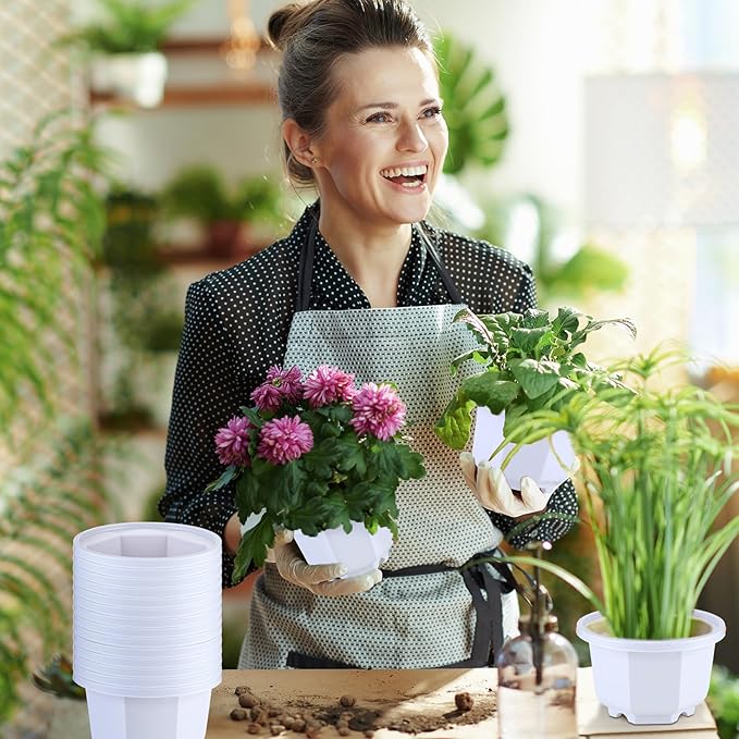 Roshtia 24 Pcs Hanging Plastic Planter Pot with Hook Flower Pots Baskets Hanging Nursery Planter Holder for Outdoor Indoor Plant Garden(Ceramic White,3.7 Inch)