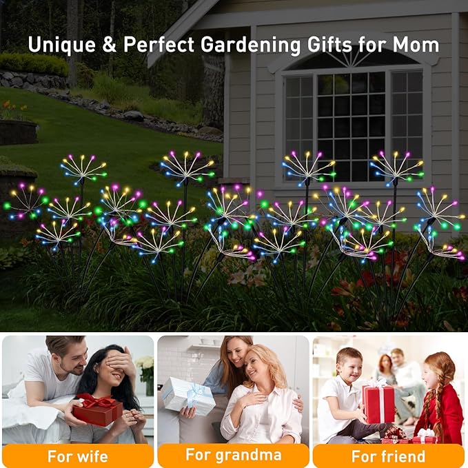 Solar Christmas Lights Outdoor Waterproof Decorative Solar Garden Lights 2 Pack 120LED Solar Firework Lights for Yard Bushes Lawn Flowerbed Xmas Decor，Christmas Gardening Gifts for Women, Multicolor