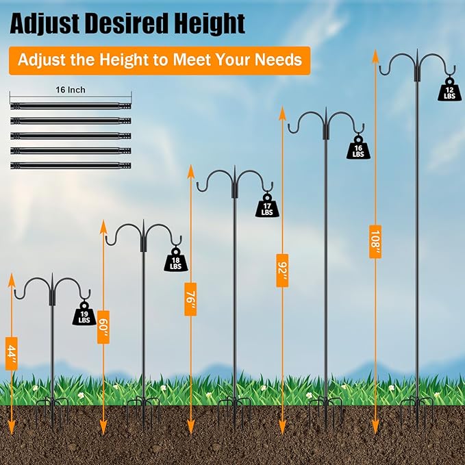 FEED GARDEN Adjustable Double Shepherds Hook for Outdoor with 5 Prong Base 108 Inch Heavy Duty Two Sided Bird Feeder Pole for Hanging Plant Baskets, Solar Light Lanterns, Wind Chimes