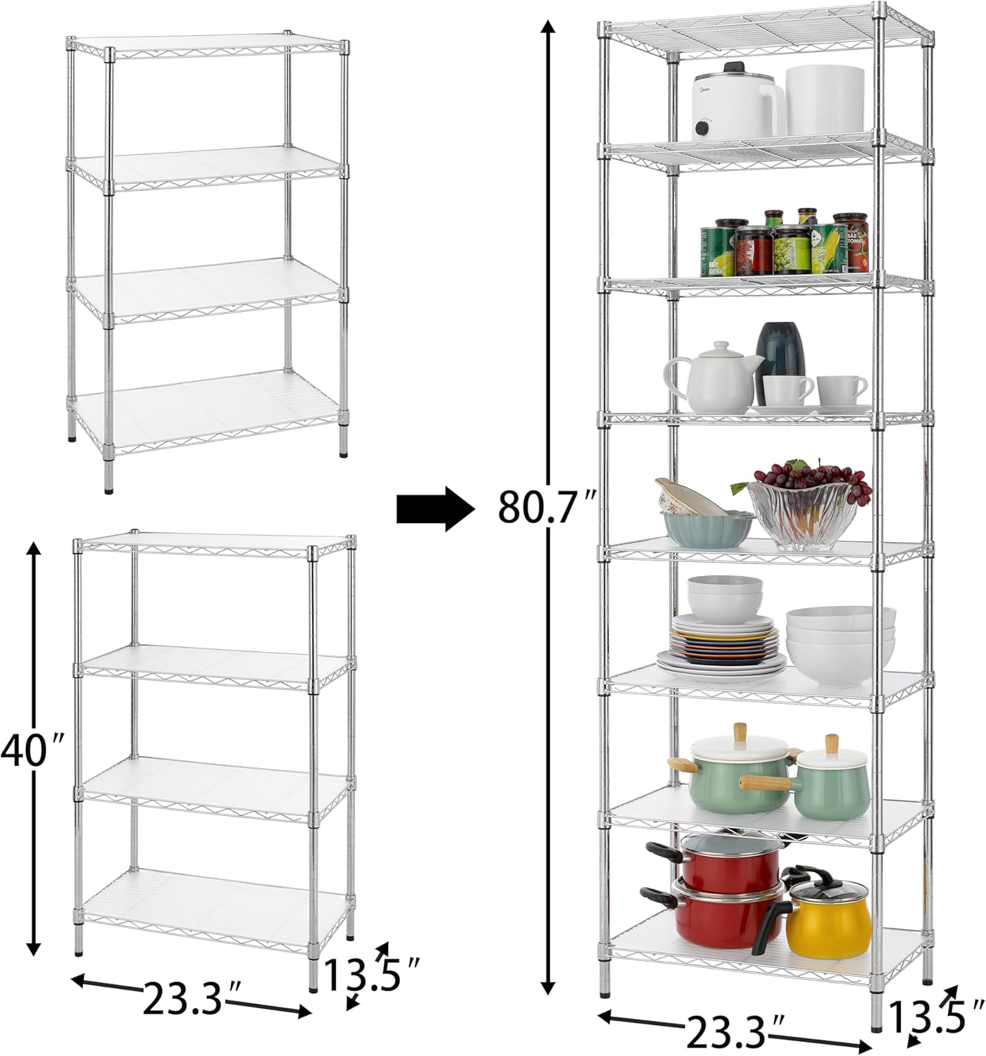 Finnhomy 8-Tier Wire Shelving Unit Adjustable Steel Wire Rack Shelving, 80.7 Inches Height 8 Shelves Metal Storage Rack, Pantry Shelves for Storage with PE mat, NSF Certified, Chrome