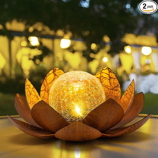 Solar Light Outdoor(2Pack), Art Crackle Globe Glass Lotus Decoration, Solar LED Waterproof Metal Flower Lights for Patio,Lawn,Walkway,Tabletop