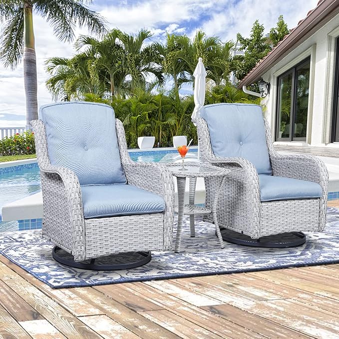 Outdoor Patio Swivel Rocker Chairs - 3 Piece Patio Bistro Set,Wicker Patio Furniture Set with 2 Swivel Rocking Chairs and 1 Glass Top Side Table for Deck Porch Garden,Light Grey/SkyBlue