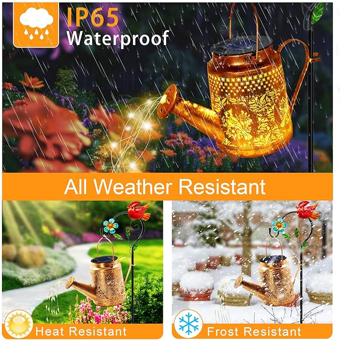 Solar Lights Outdoor Garden Decor, Cardinals Hanging Waterproof Watering Can Lights Outside Decorations for Yard Front Porch Patio Backyard Gift for Mom Grandma Women Birthday （with Shepherd Hook）
