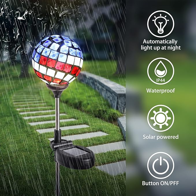WNP Solar Powered Outdoor Garden Light Stakes Decoration,Mosaic Globe 4th of July Stake Solar Light Garden Decor,Solar Glow Glass Ball Lights Waterproof Decor Light for Patio Pathway,Yard