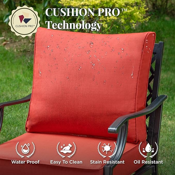 Patio Furniture Set with Fire Pit Table, 5 Pcs Metal Outdoor Conversation Set, 4 Rocking Chairs with 5.75" Extra Thick Cushion and 28" Fire Pit Table for Backyard Deck, Red